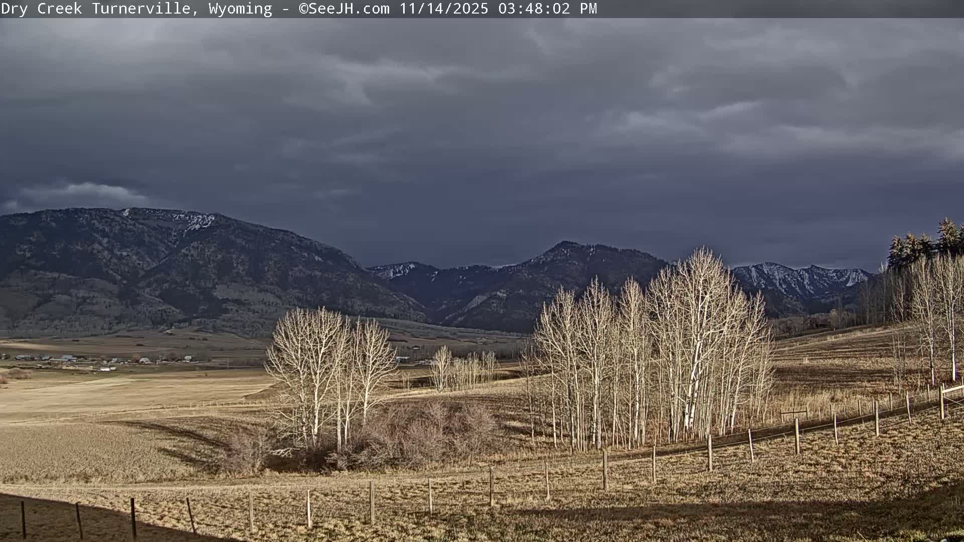 Under a dramatic, heavily overcast sky with dark gray clouds and intermittent sunlight, a landscape reveals dry golden fields and numerous leafless deciduous trees in the foreground, stretching towards a valley with distant buildings and rugged, snow-capped mountains.