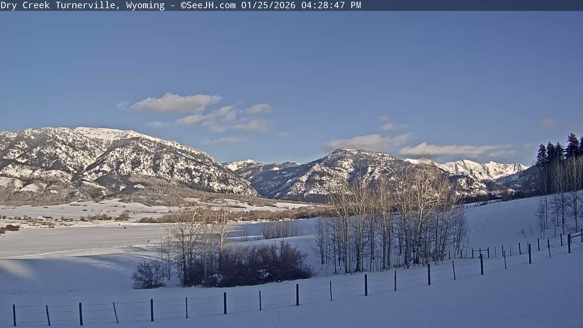 Under a clear blue sky with scattered clouds, a sunny winter scene showcases snow-covered fields and bare trees in the foreground, giving way to a valley with distant structures at the foot of impressive, snow-capped mountains.