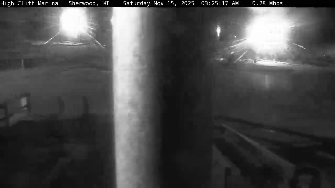 A dark, hazy black and white outdoor scene shows a marina at night, dimly lit by distant streetlights causing glare, with a large blurred pole partially obscuring the view.