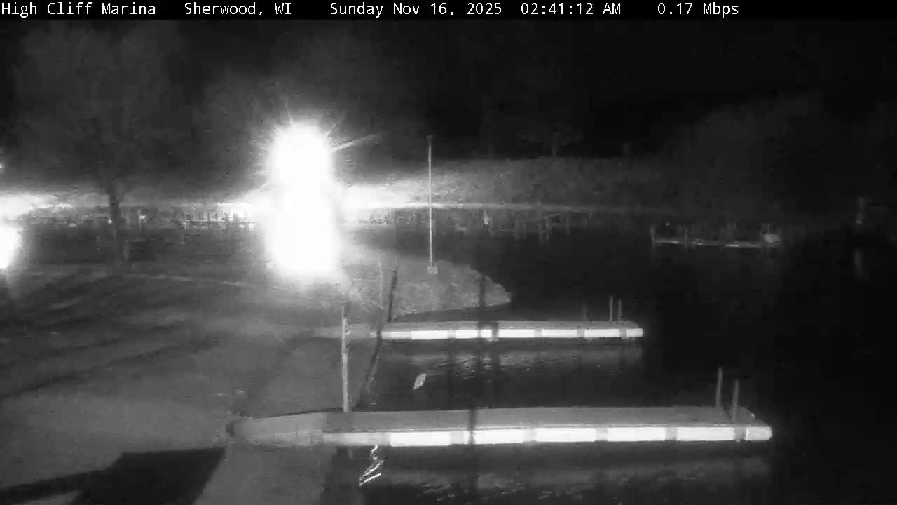 A nighttime grayscale view shows a marina with two empty docks floating on calm water, illuminated by a bright light source on the left shore where trees are visible, under clear conditions.
