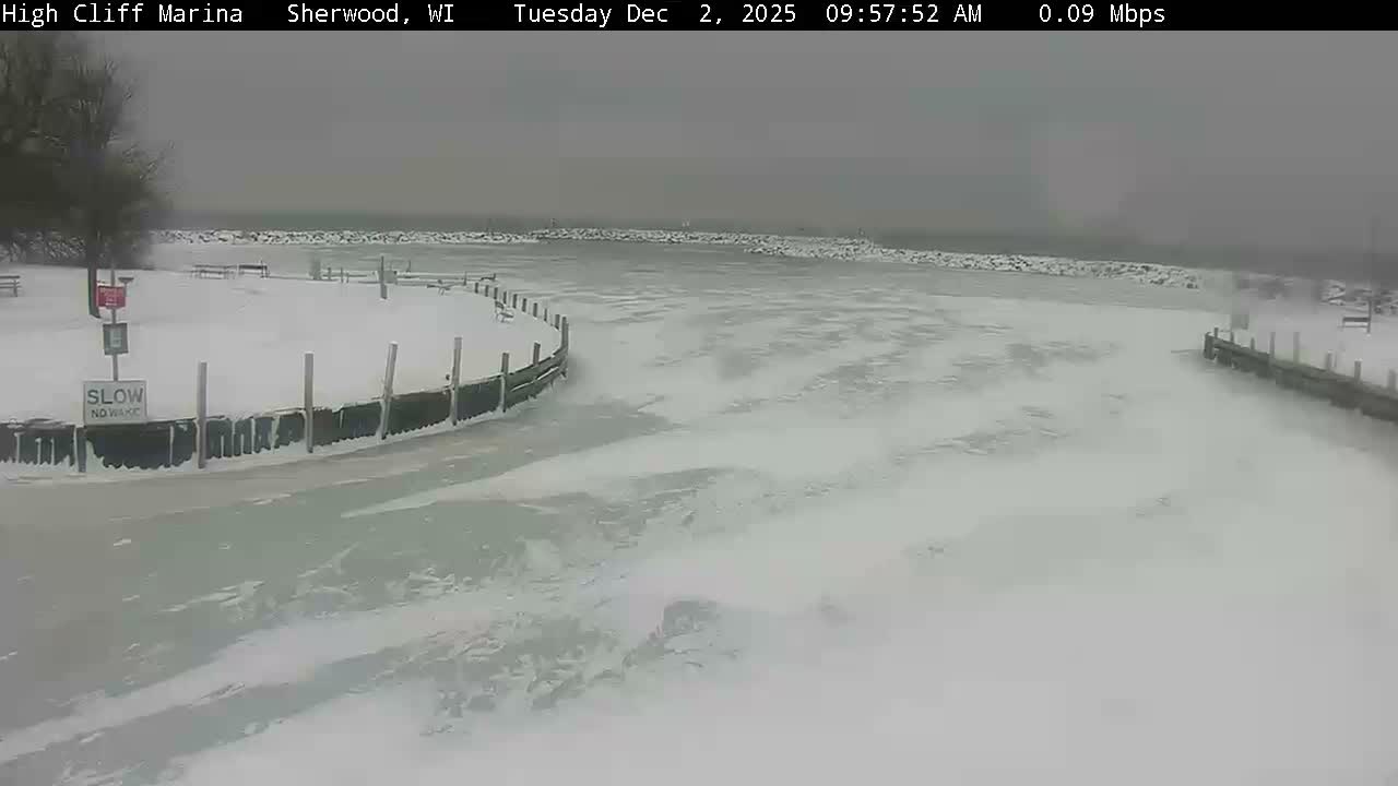 A snow-covered marina features mostly frozen, ice-dusted water and snow-laden docks and shore under a bleak, overcast winter sky.
