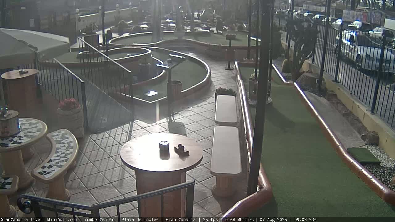 A sunny outdoor mini golf course with seating areas and a street visible in the background.