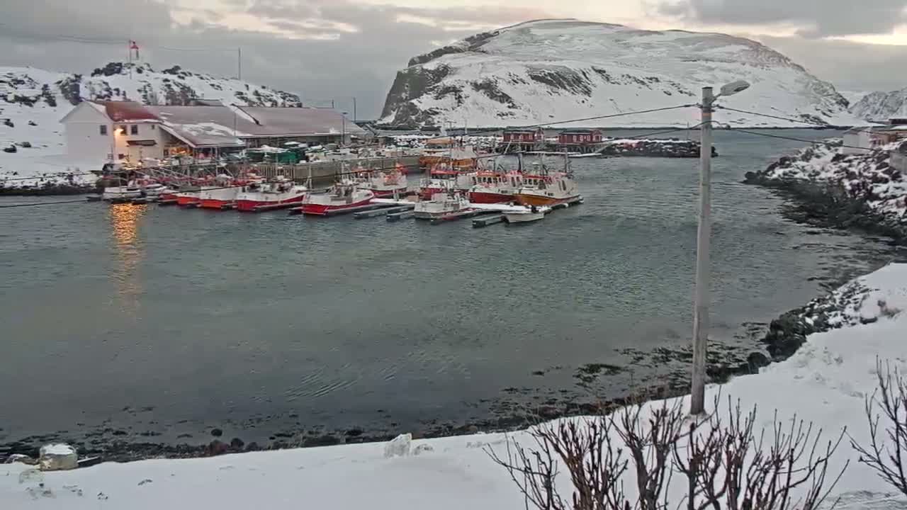 Several fishing boats are moored in a snowy harbor surrounded by snow-covered mountains and buildings under a cloudy, overcast sky, indicating cold winter conditions.