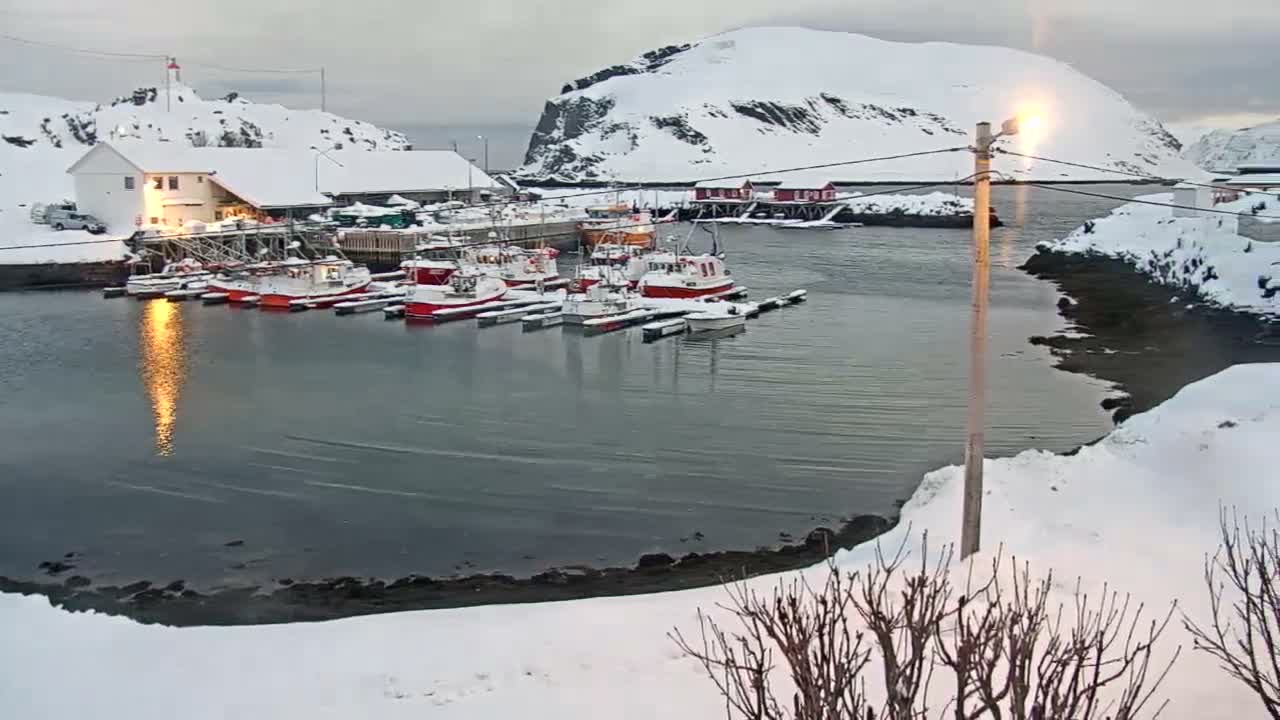 A snow-covered harbor is dotted with numerous fishing boats docked along the shore and framed by coastal buildings and distant snow-capped hills, all under an overcast sky with a glowing street light reflecting in the calm water.