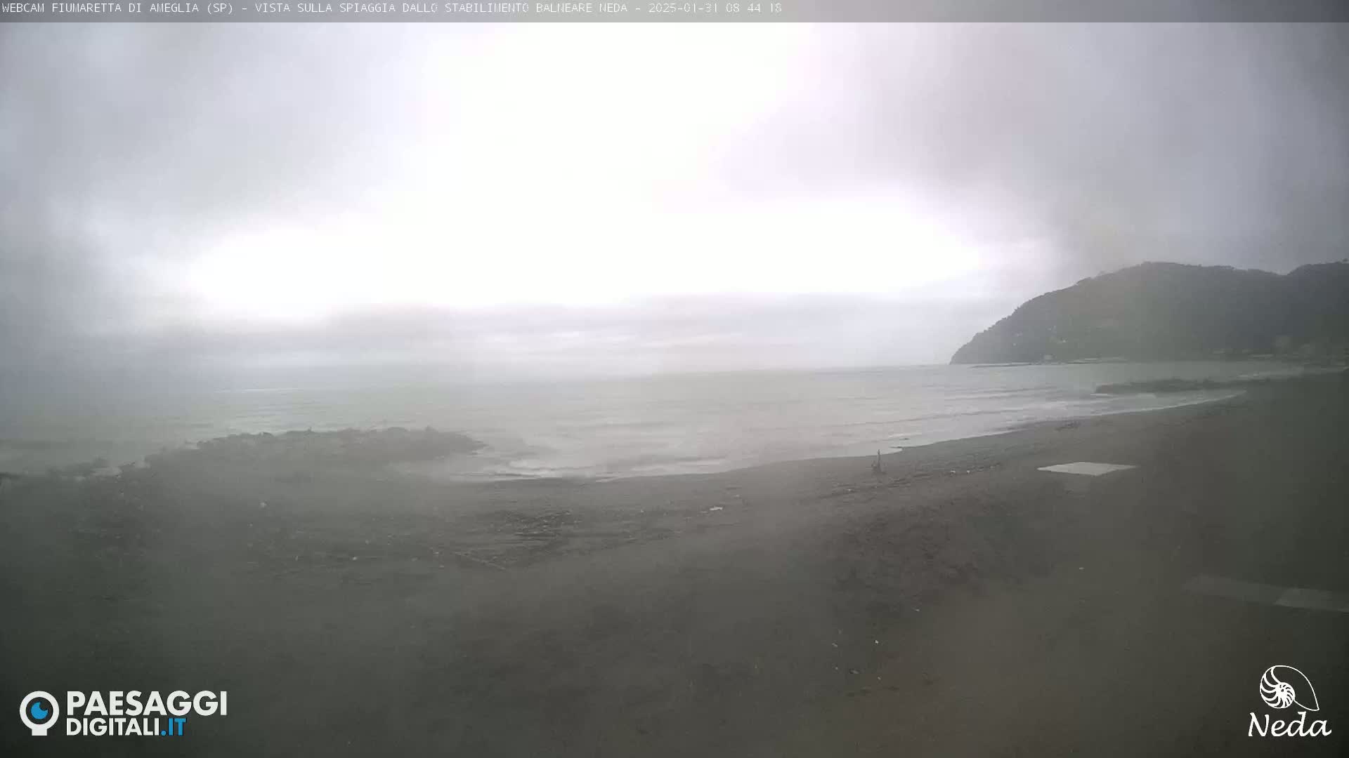 A hazy, overcast day shows a dark-sand beach and calm ocean meeting a distant, dark-green hillside.