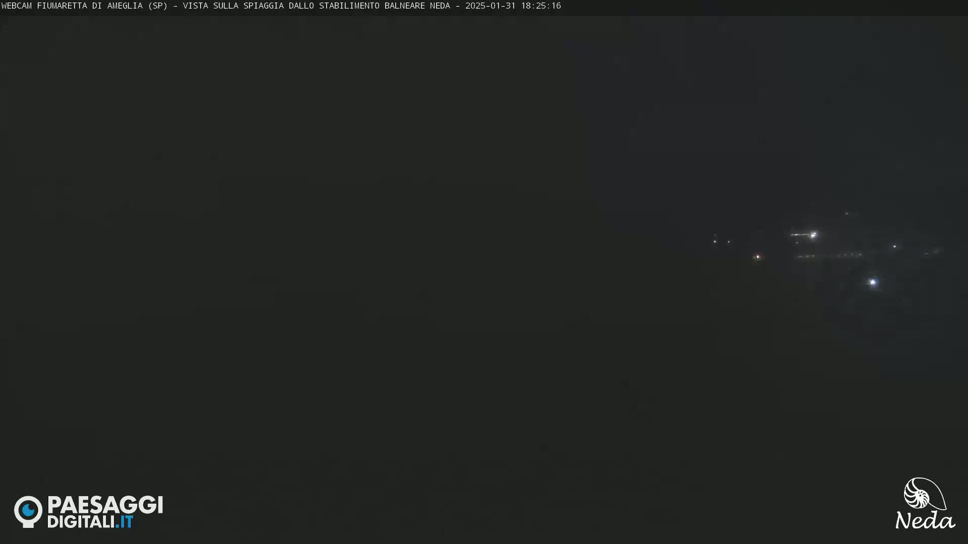 A nighttime, dark view of a beach with a few distant lights visible.