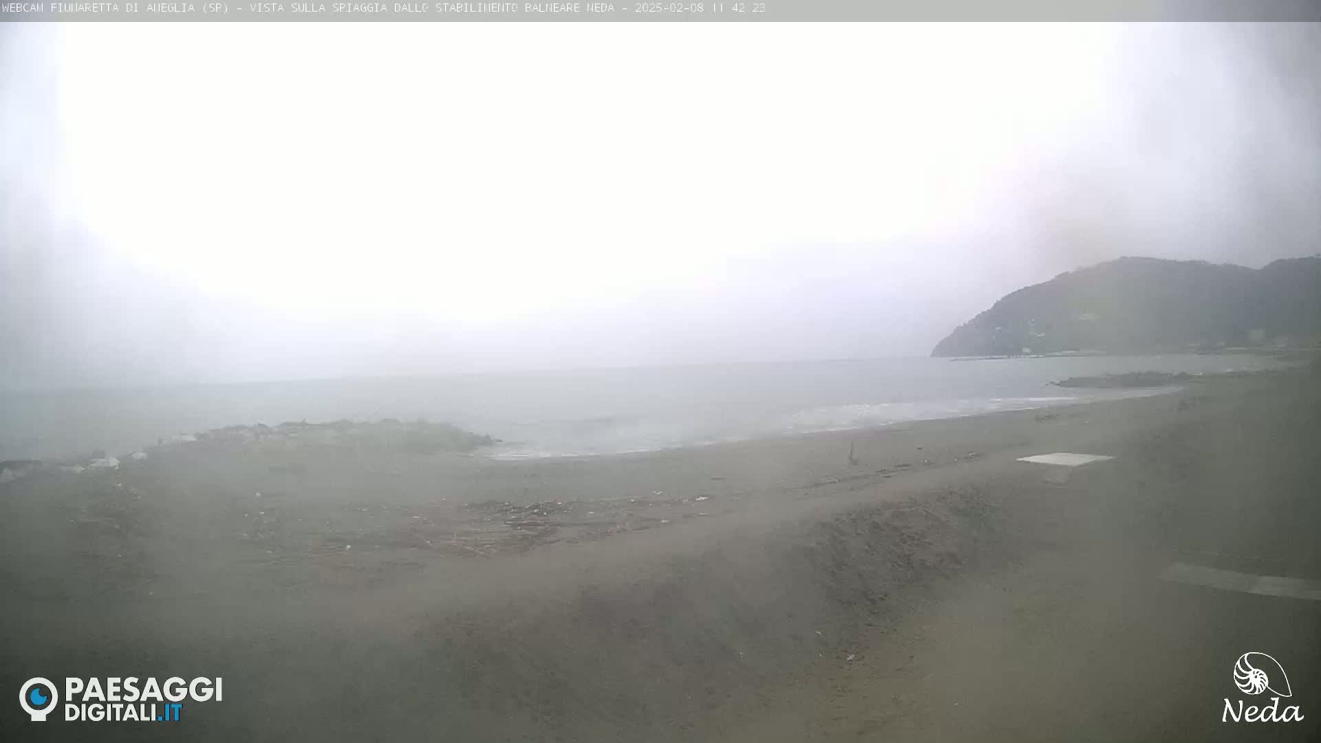 A foggy beach scene shows a calm sea meeting a sandy shore, with a hill visible in the distance.