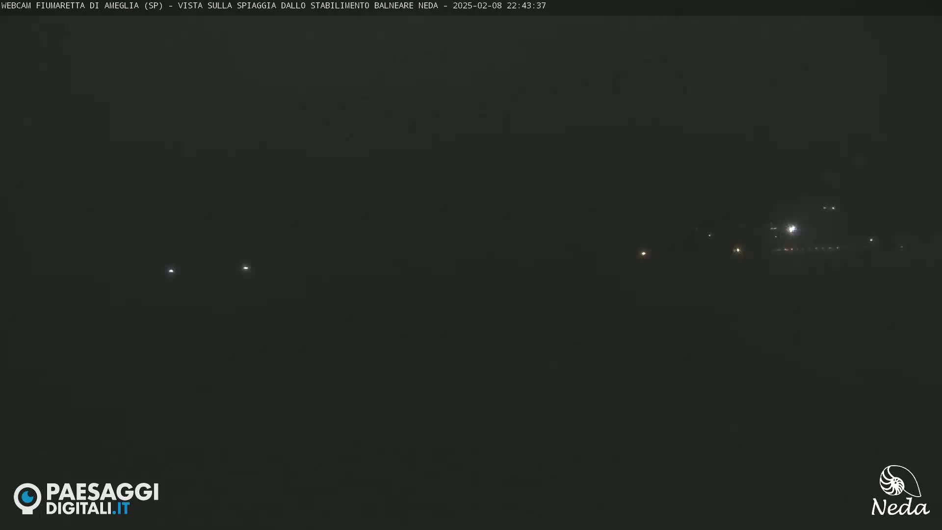 A nighttime, dark view of a beach with a few faint lights visible in the distance.