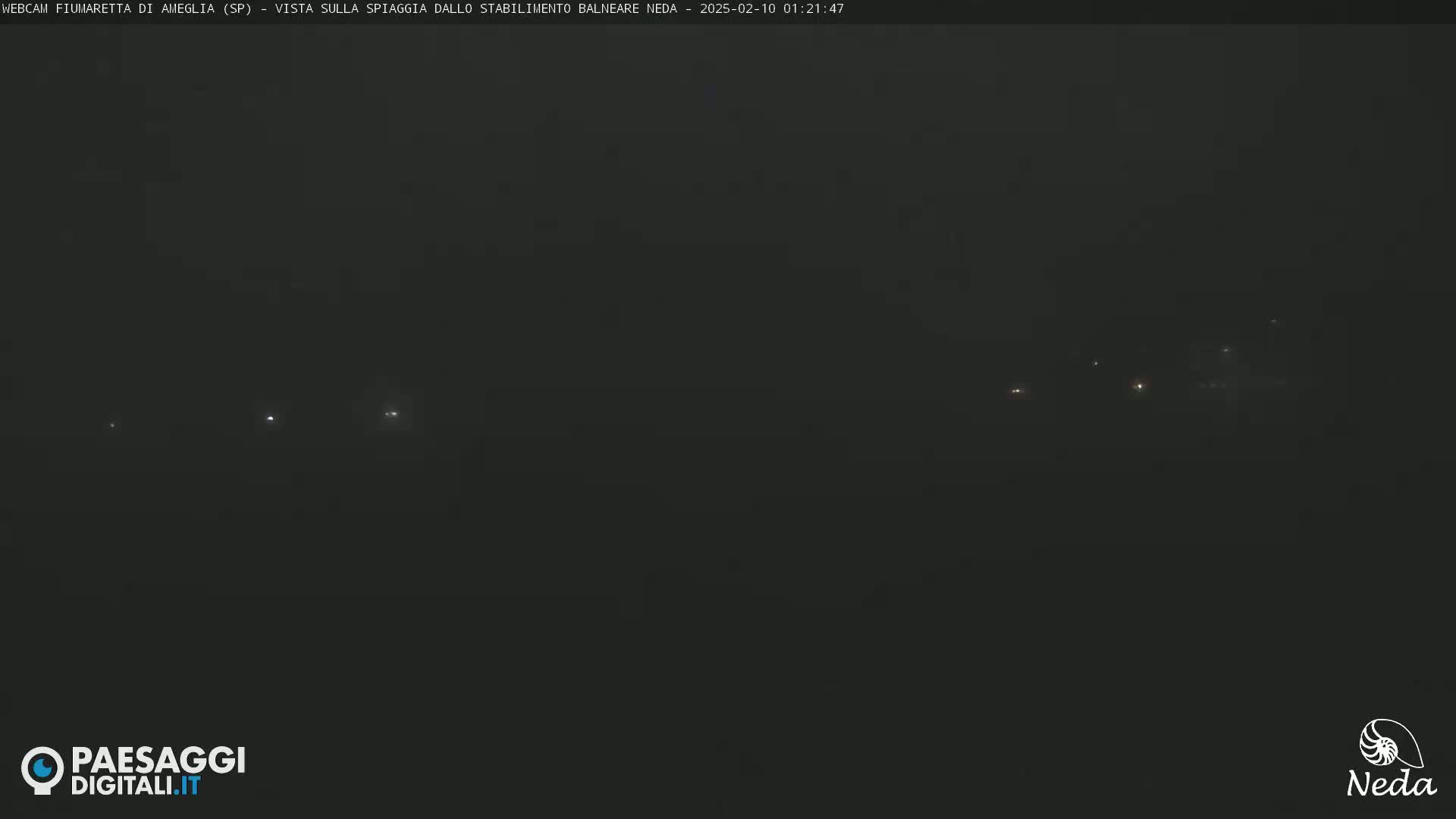 Faint lights are visible in the distance through a dark, foggy night.