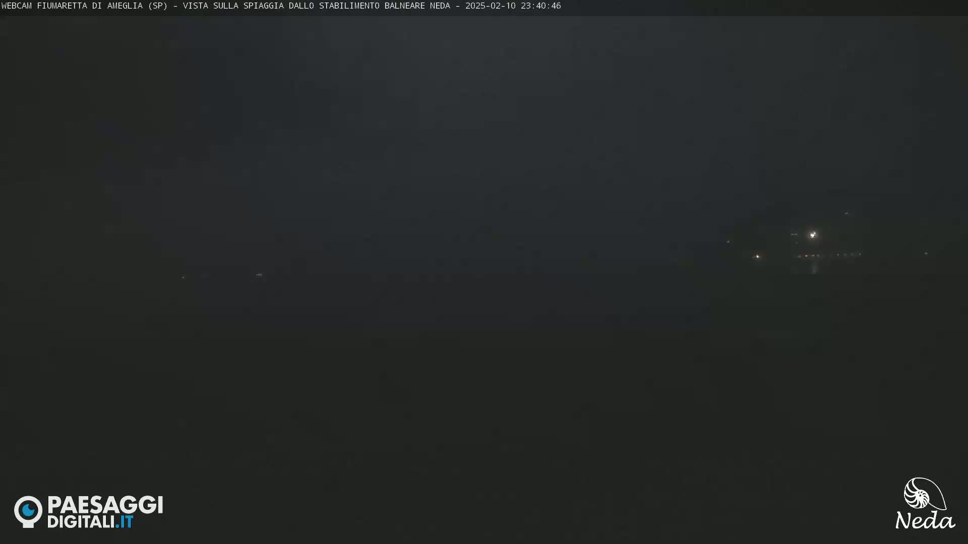 A dark, foggy nighttime scene shows faintly lit structures in the distance.