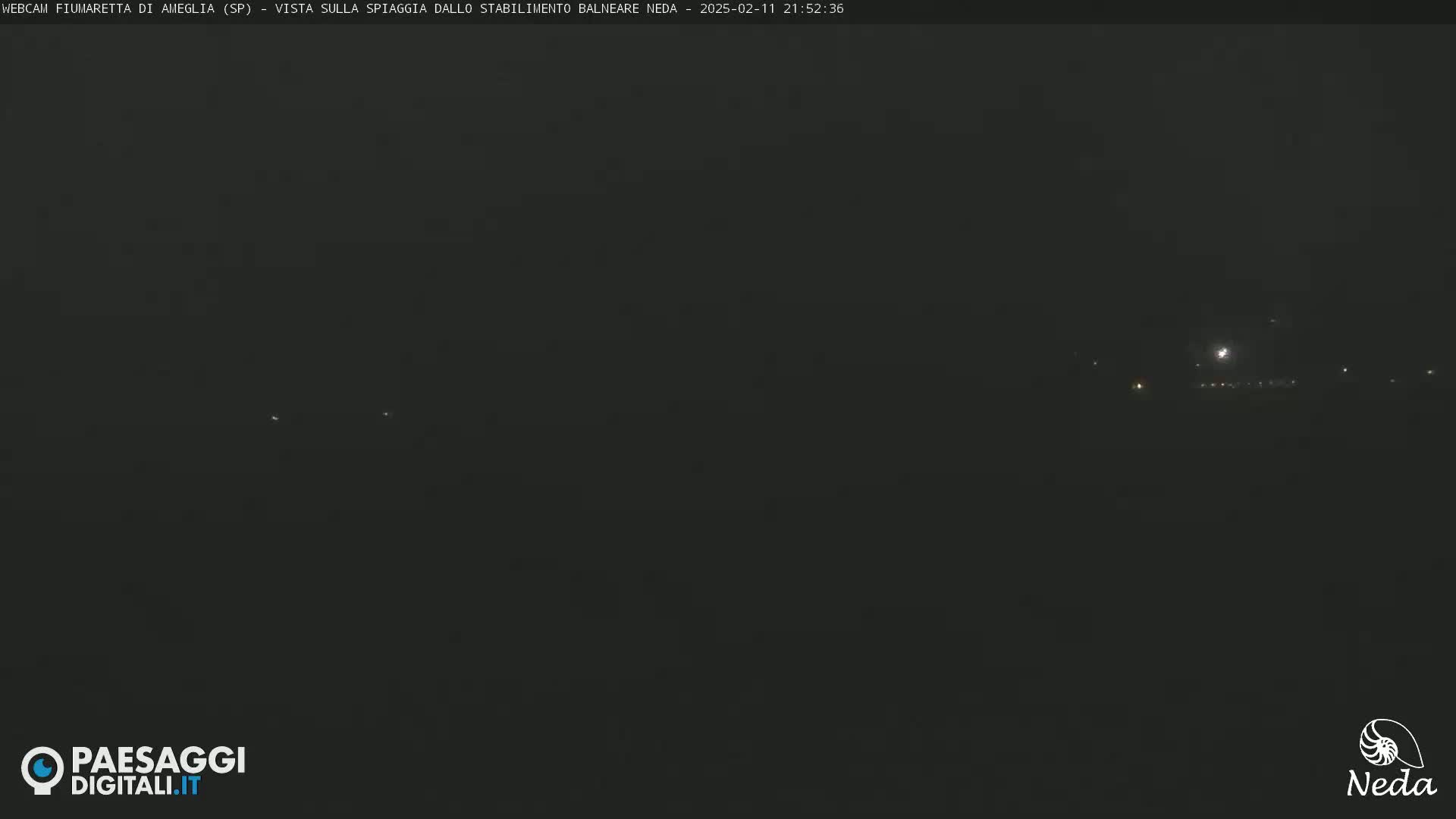 A dark nighttime view of a beach, with a few distant lights visible.