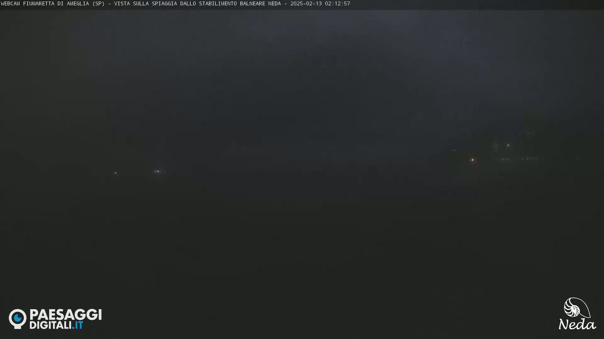A dark, foggy nighttime scene shows faint lights in the distance.