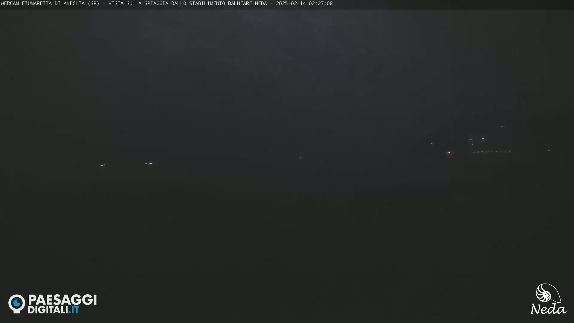 A dark, foggy, nighttime scene shows a few faint lights in the distance.