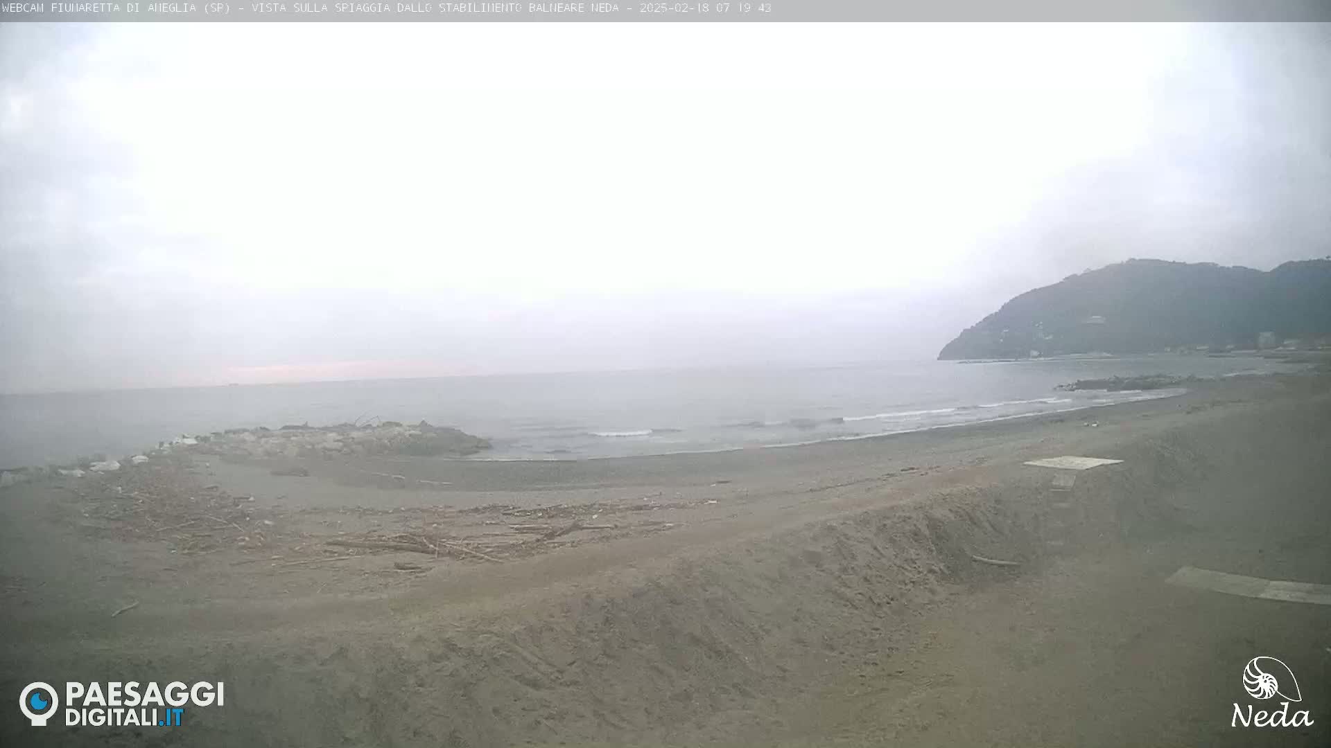 A hazy, overcast day reveals a beach with scattered driftwood, a calm sea with small waves, and a distant hill under a gray sky.