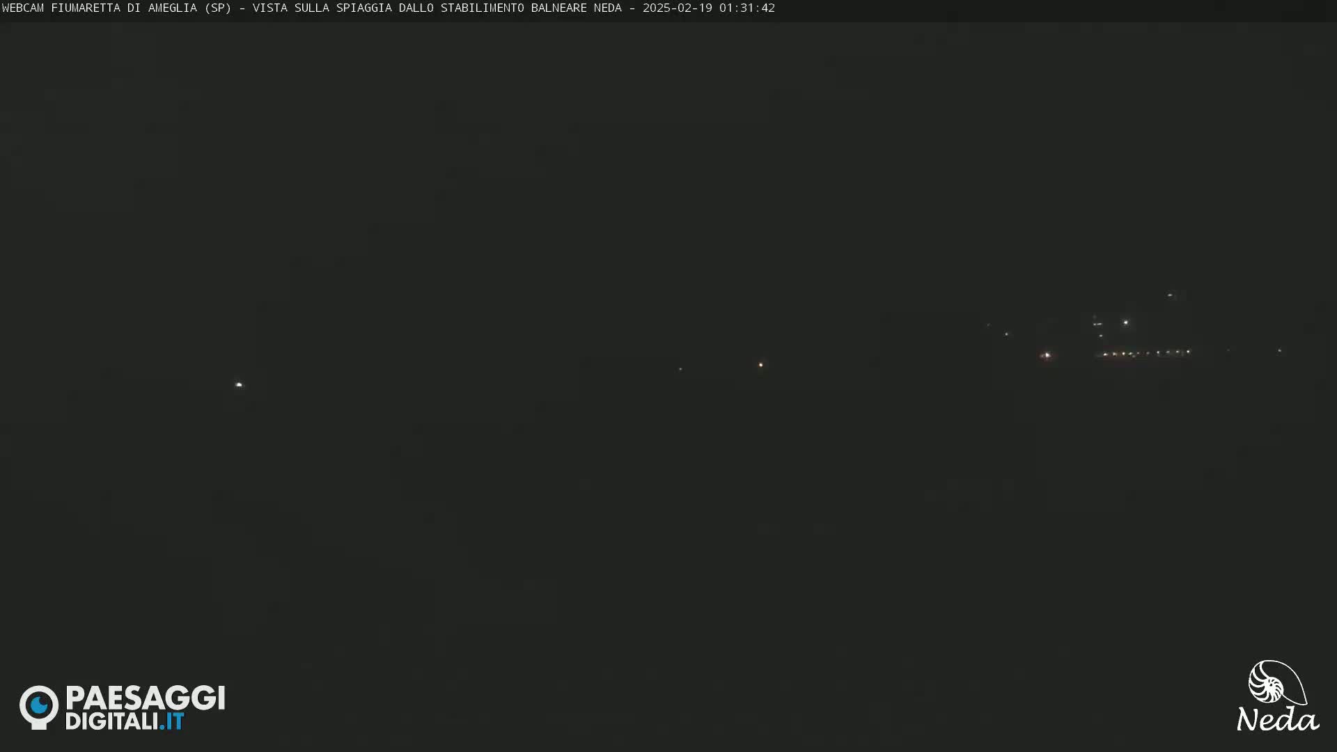 A dark, nighttime view of a distant shoreline with faint lights visible.