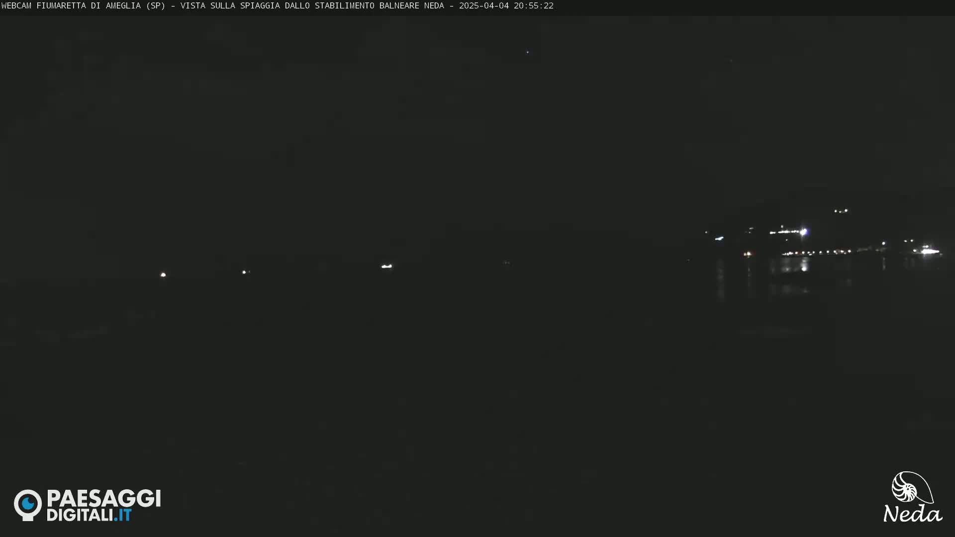 A nighttime, dark view of a beach with faintly visible lights in the distance.