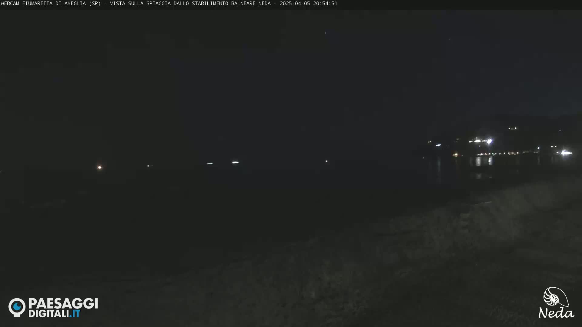 A dark, nighttime beach scene shows a body of water with faint lights on the opposite shore.