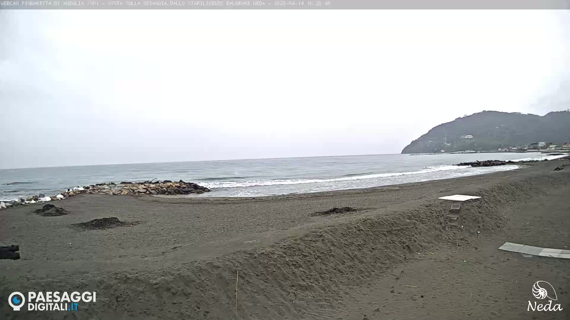 A dark-sand beach stretches toward a calm, gray sea under an overcast sky, with a small hill visible in the distance.