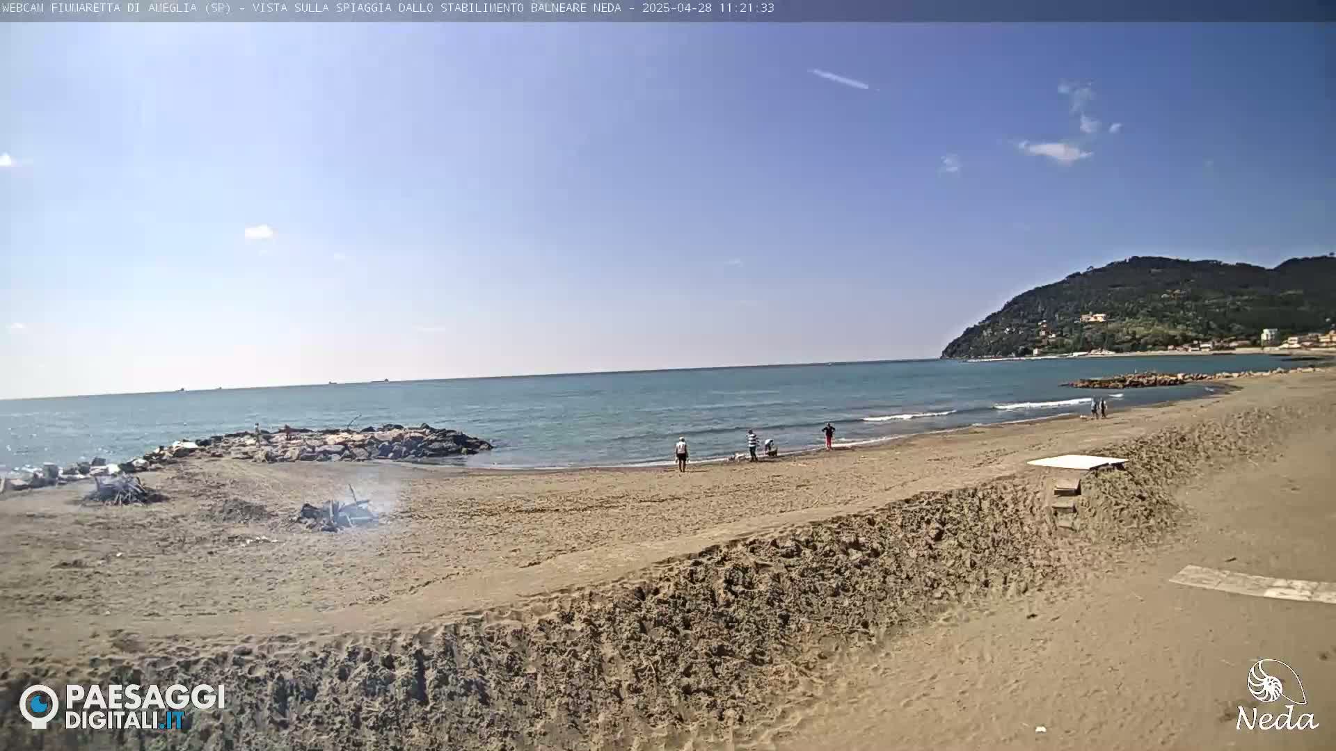 A sandy beach with a few people on it stretches out to a calm, blue sea under a mostly clear sky, backed by a low, green hill.