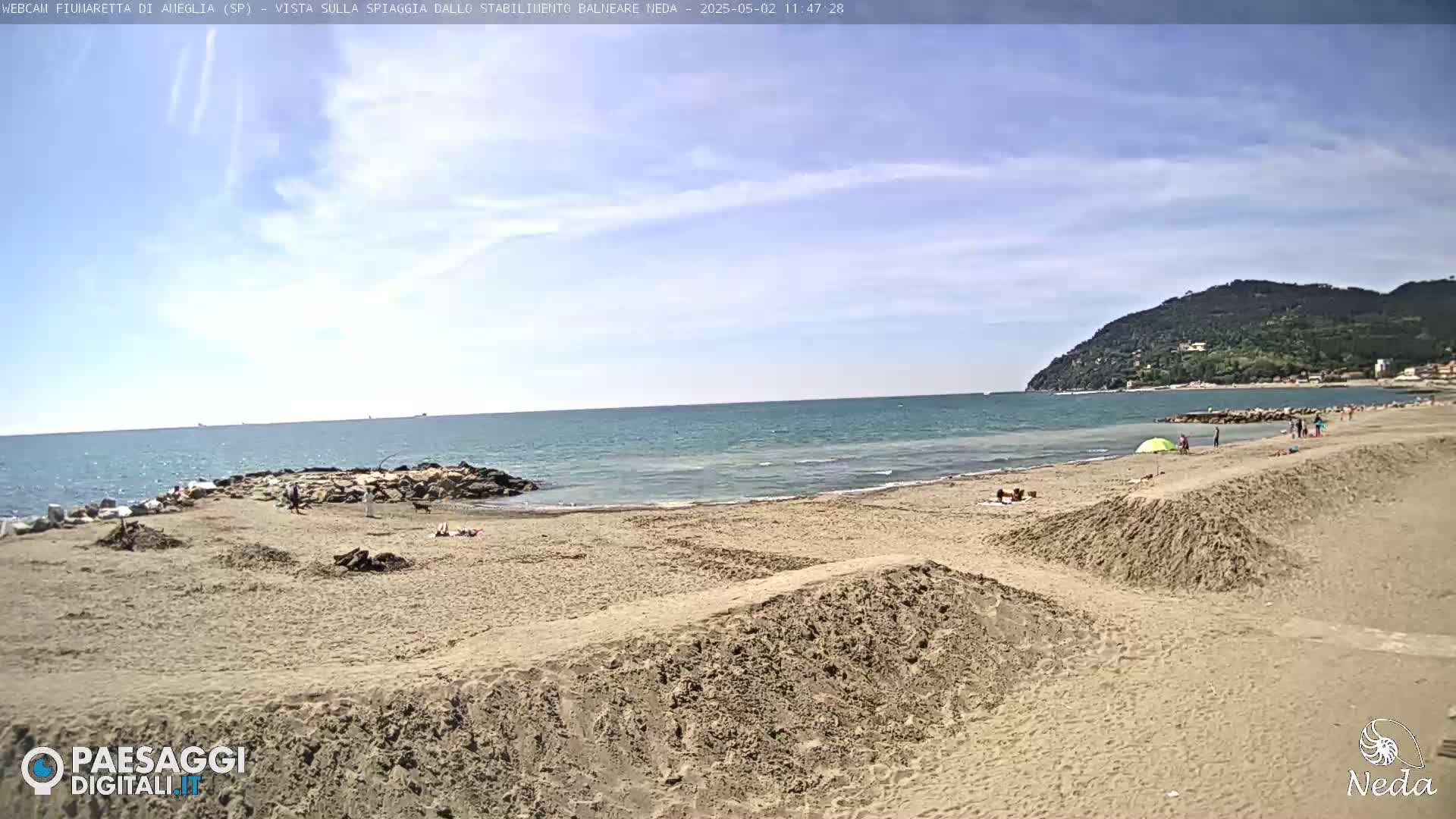 A mostly sunny day at a sandy beach with calm ocean water, a few people, and a distant, green-covered hill.