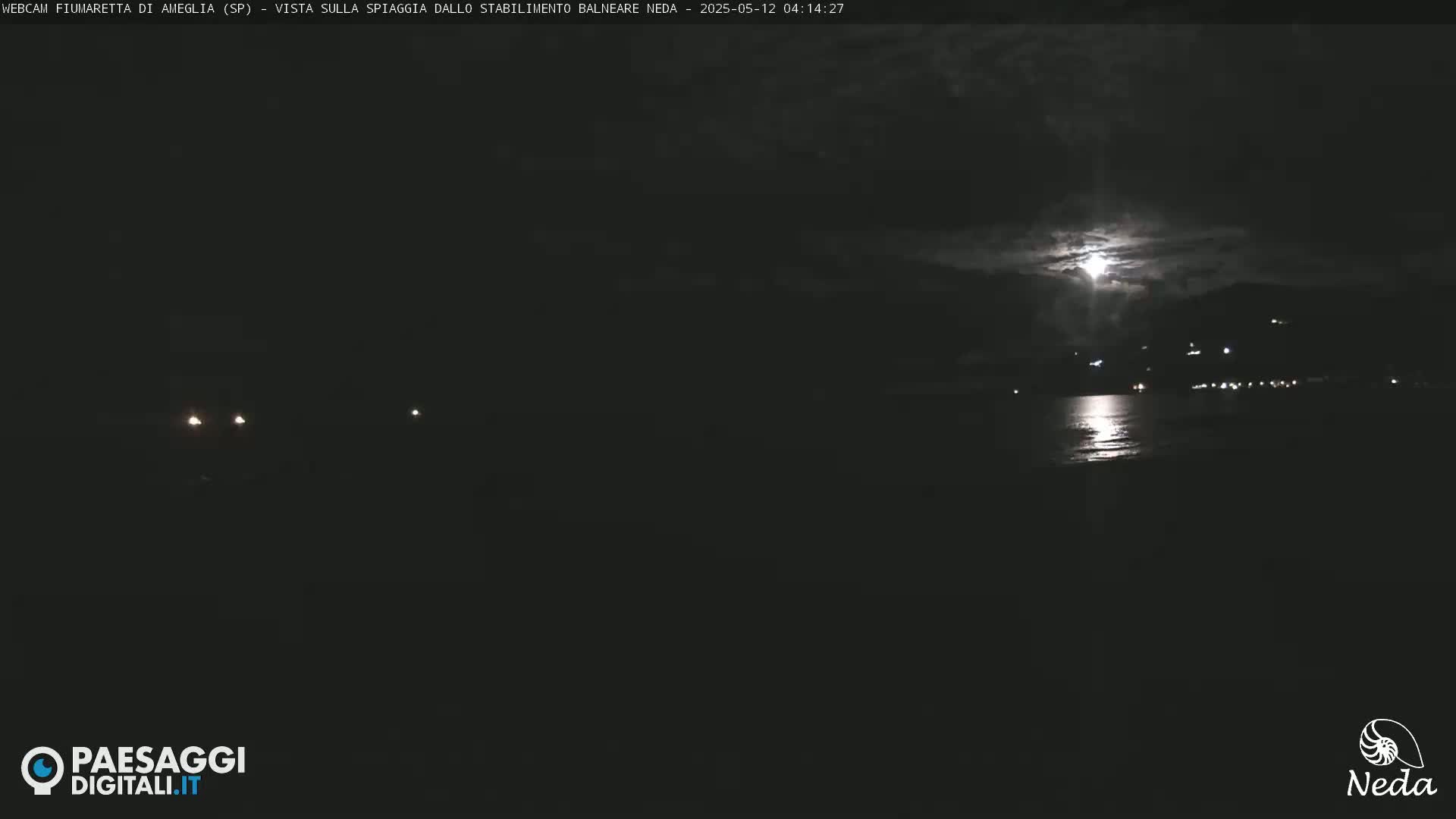 A nighttime view of a moonlit beach and calm water, with distant lights visible across the water.