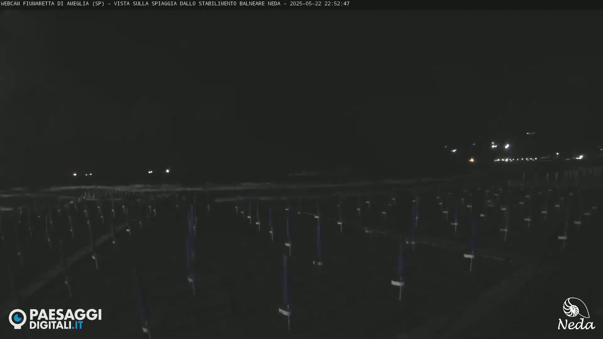 A dark nighttime beach scene shows numerous closed beach umbrellas on the sand under a clear, moonless sky.