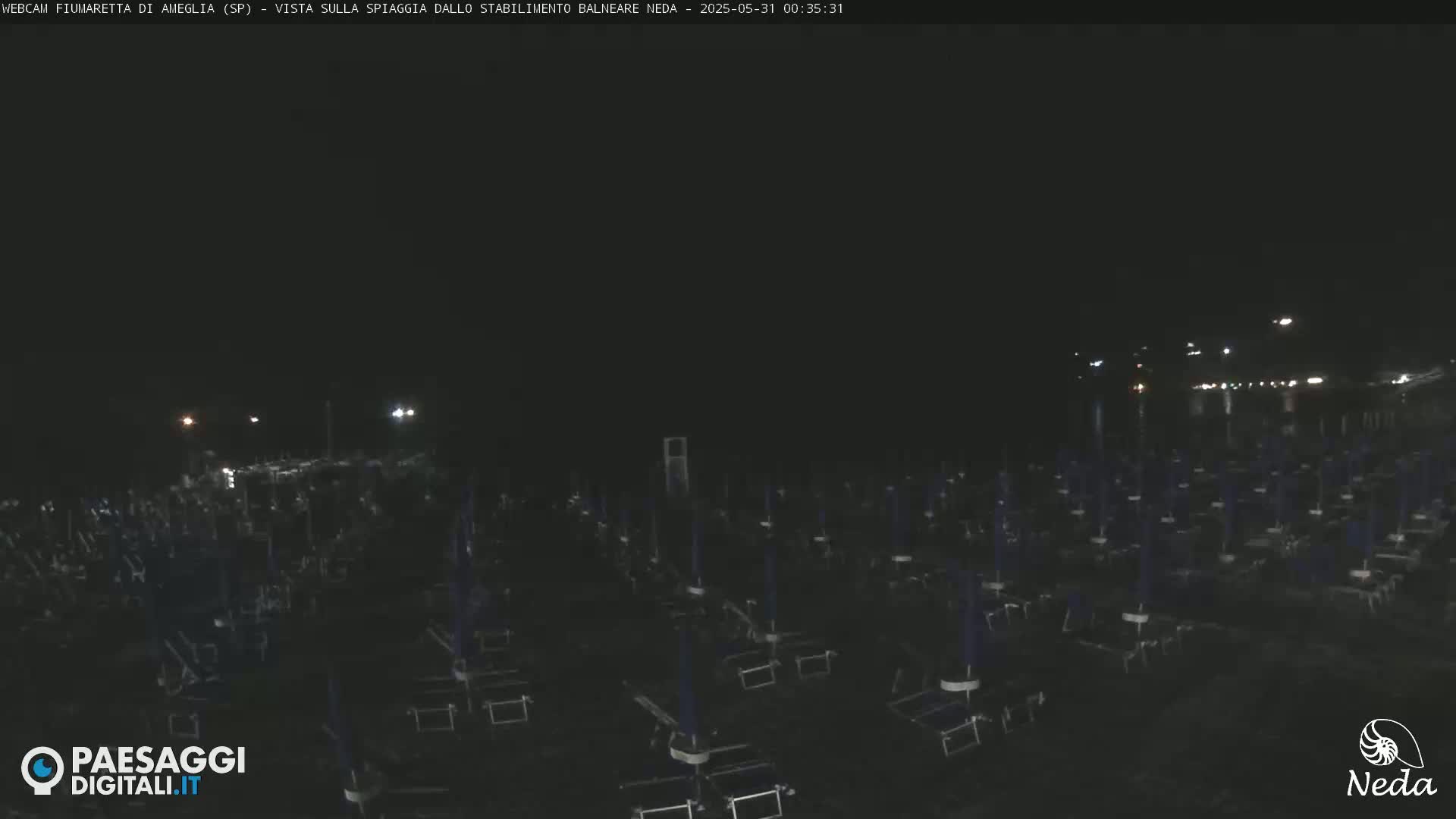 A dark beach at night is covered with numerous closed beach umbrellas and lounge chairs.