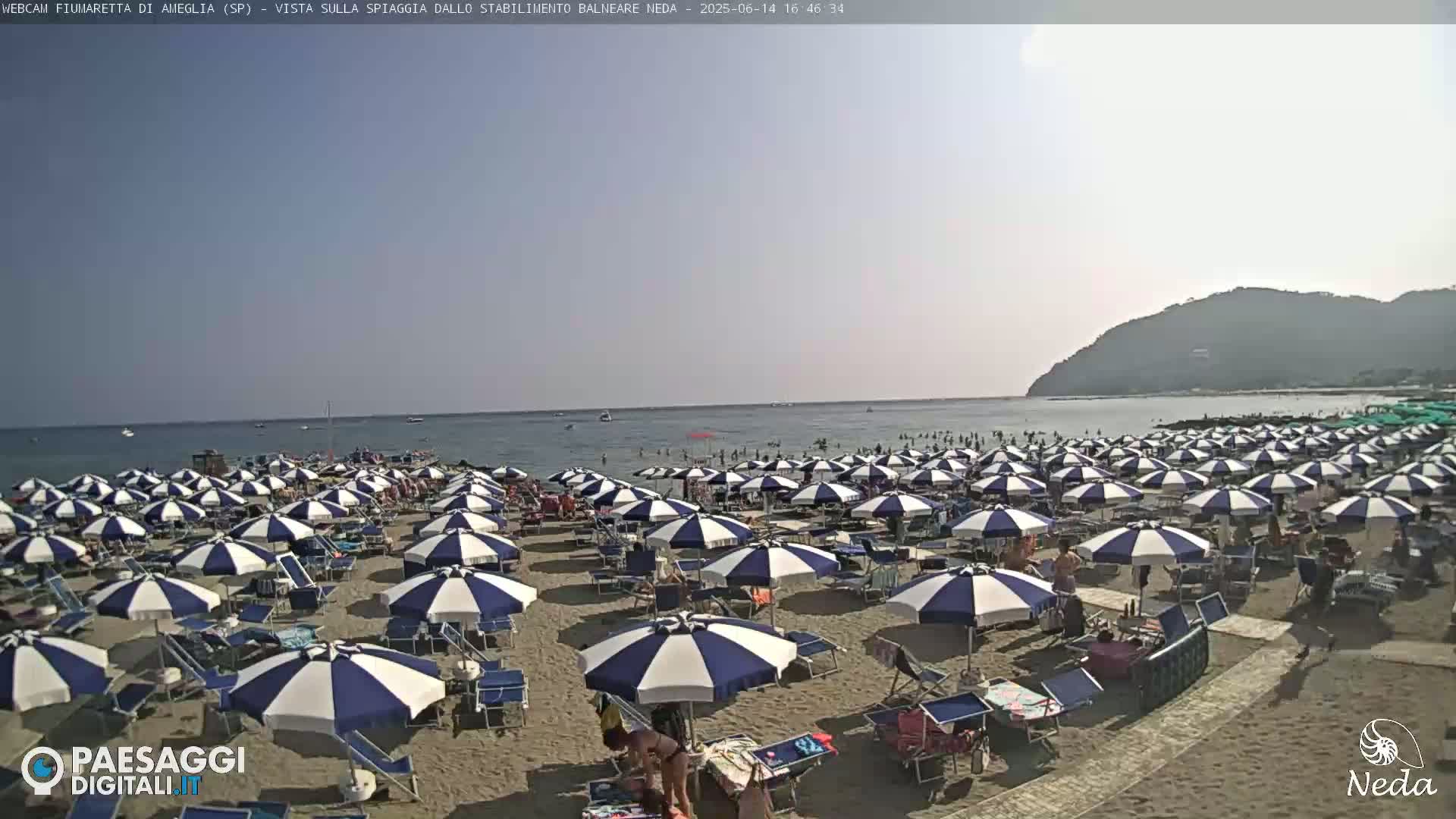 A sandy beach is crowded with many blue and white striped umbrellas under a clear, sunny sky, and a calm sea stretches beyond.