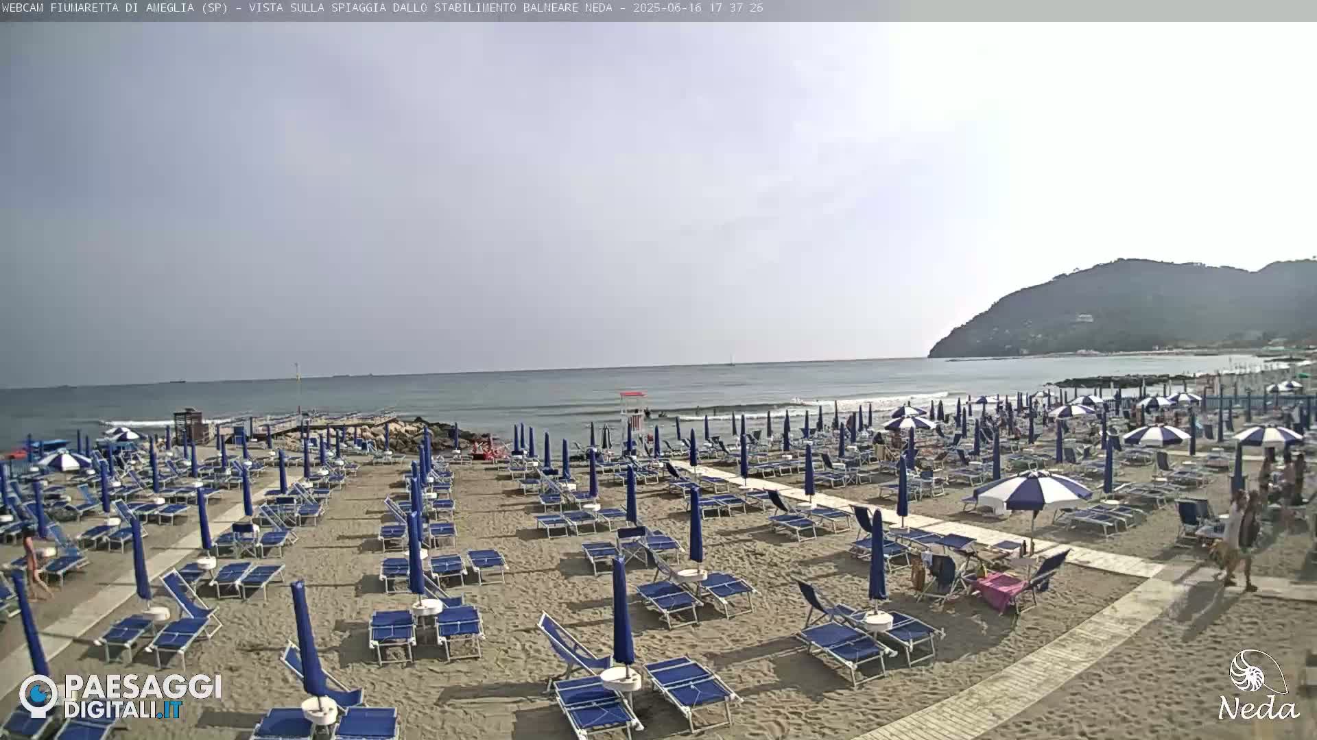 A sandy beach with numerous blue and white umbrellas and lounge chairs stretches toward a calm ocean under a mostly clear sky, backed by a distant hill.