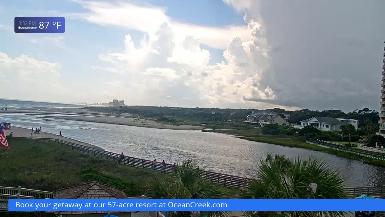 A partly cloudy, 87°F day is shown overlooking a waterway that leads to the ocean, with people gathered along a boardwalk and homes visible on the opposite shore.