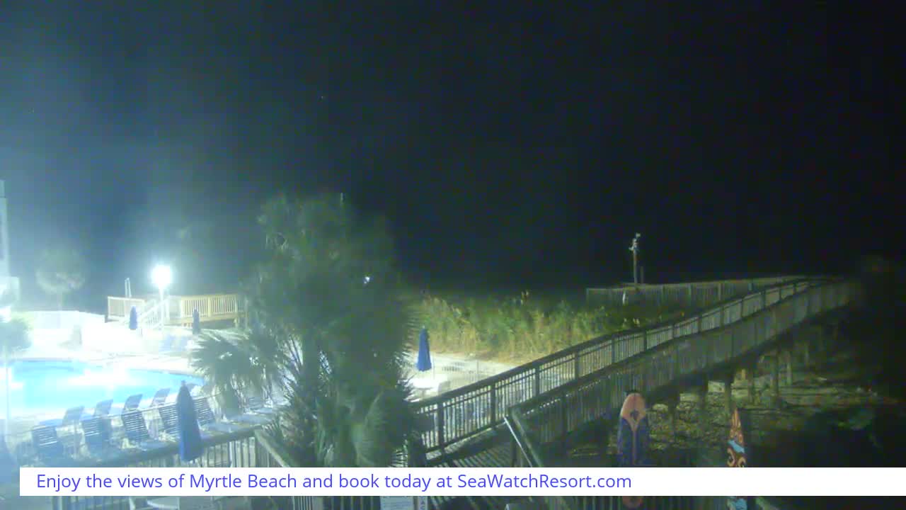 A resort swimming pool area with lounge chairs and palm trees is brightly lit at night, with a boardwalk extending towards a dimly visible vegetated beach or dune area under a clear sky.