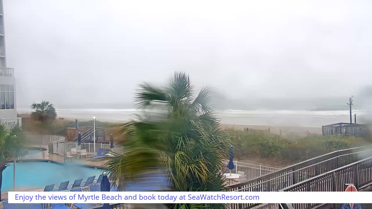 Overcast and very windy conditions prevail at a coastal resort, showing a swimming pool, motion-blurred palm trees, and choppy waves breaking on the beach.