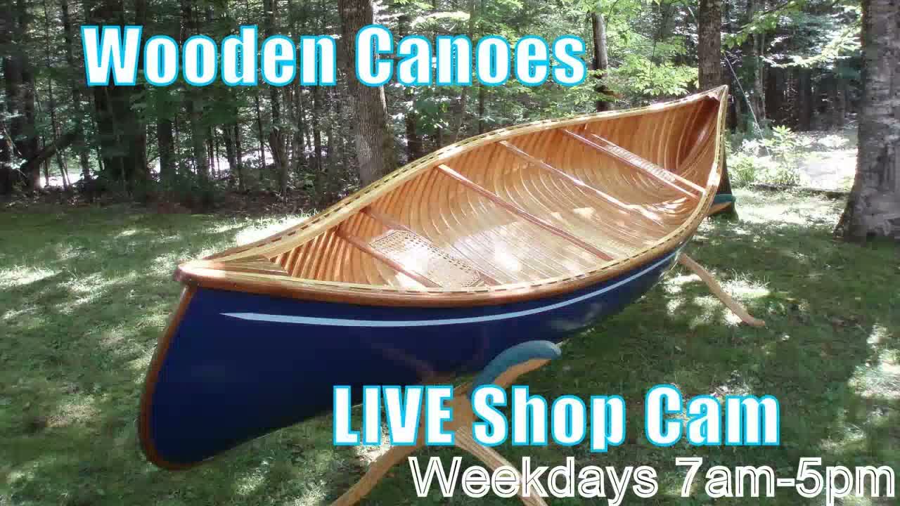 A wooden canoe with a dark blue hull and natural wood interior is displayed on a sunny, grassy lawn bordered by trees.