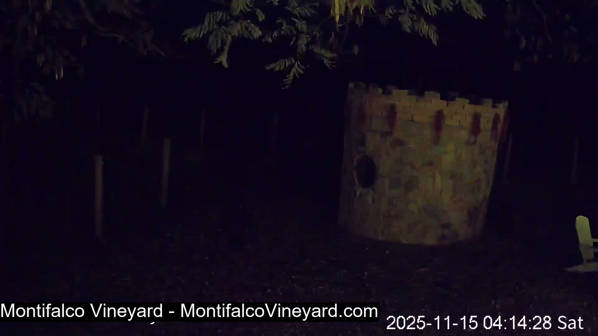 A faux stone castle tower with a round opening stands prominently on the right side of a dark outdoor scene on a clear night, surrounded by sparse tree branches, vertical fence posts, and a partially visible white chair.