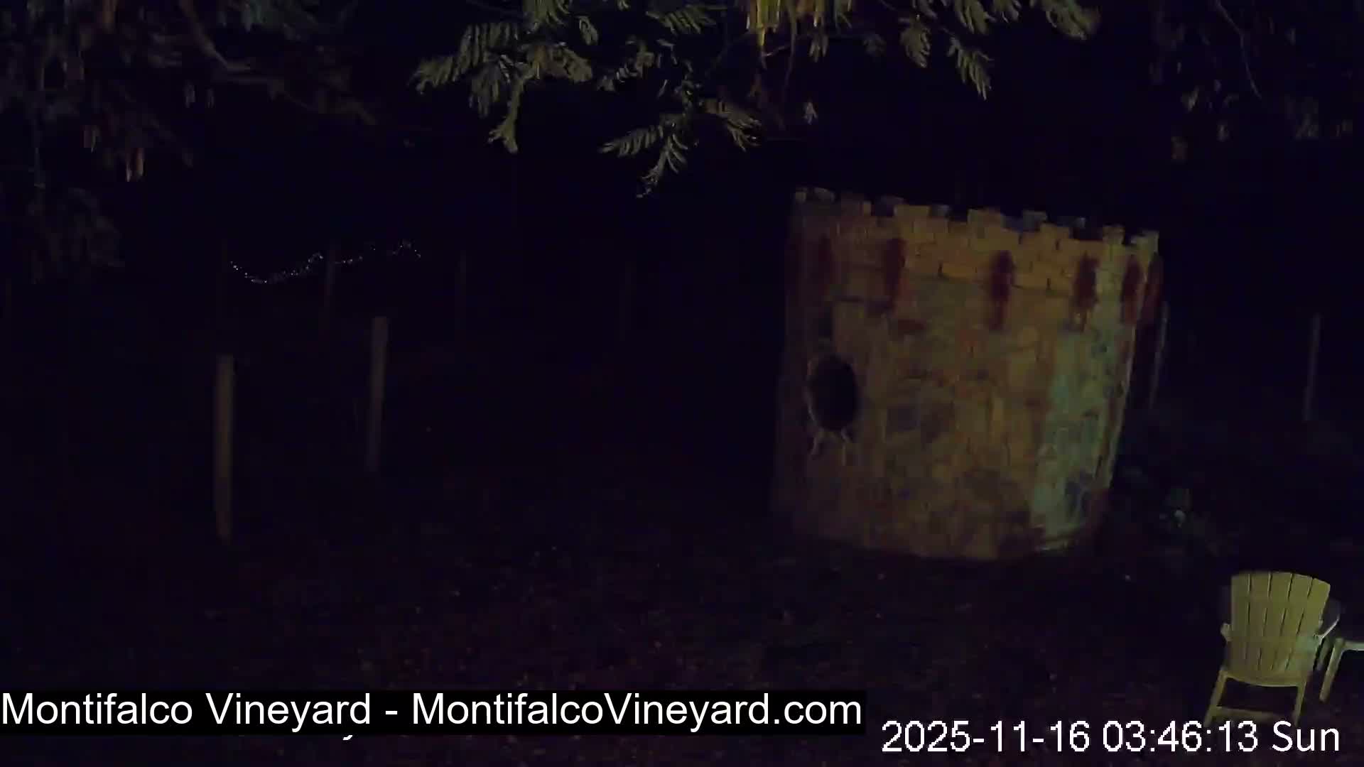 At night, a dimly lit outdoor scene features a stone-like castle turret structure and a light-colored chair on the right, with dark trees overhead and faint string lights visible in the distance under clear skies.