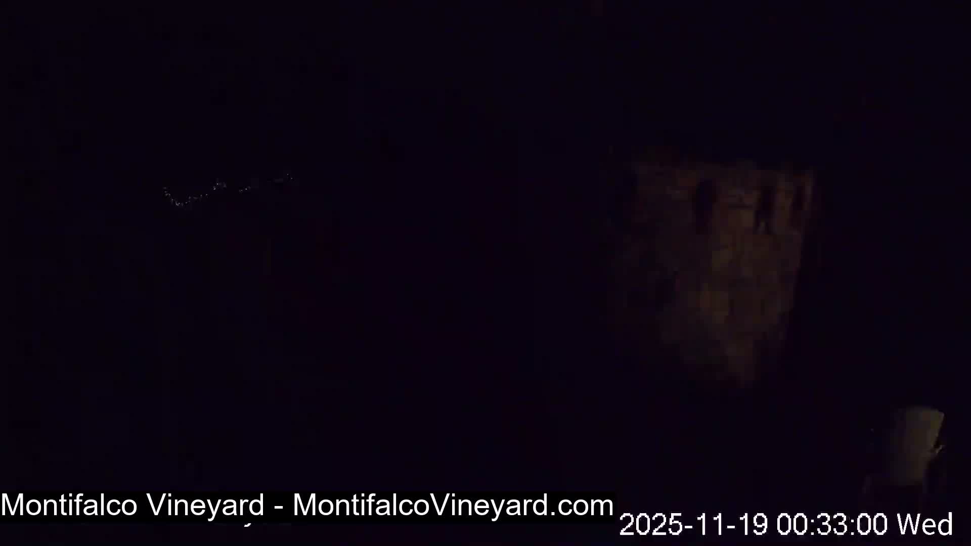 At night, a dimly lit outdoor scene features a stone-like castle turret structure and a light-colored chair on the right, with dark trees overhead and faint string lights visible in the distance under clear skies.