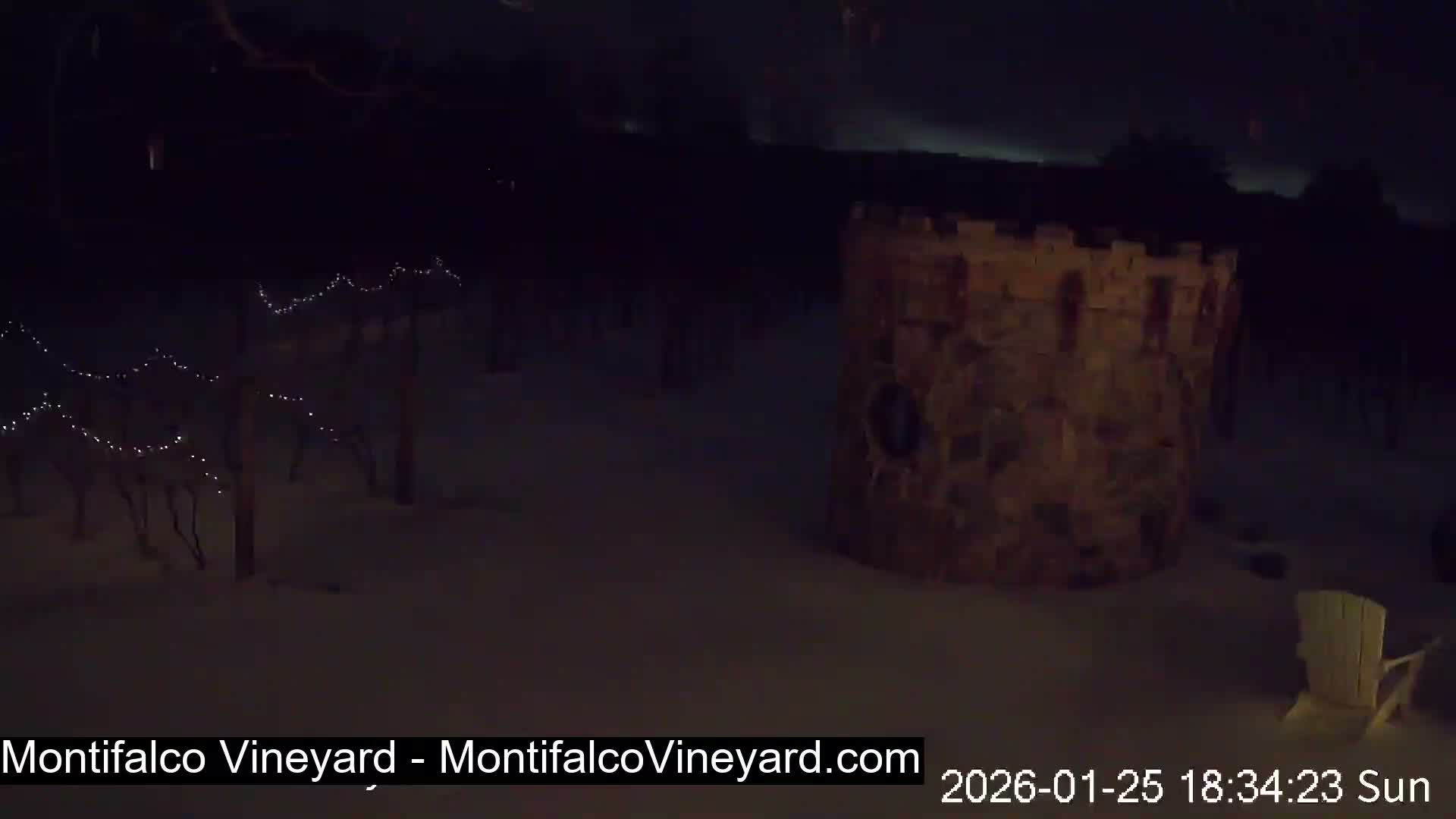 A snowy vineyard at night features a stone tower, bare vines strung with lights, and an Adirondack chair, all under dark skies.
