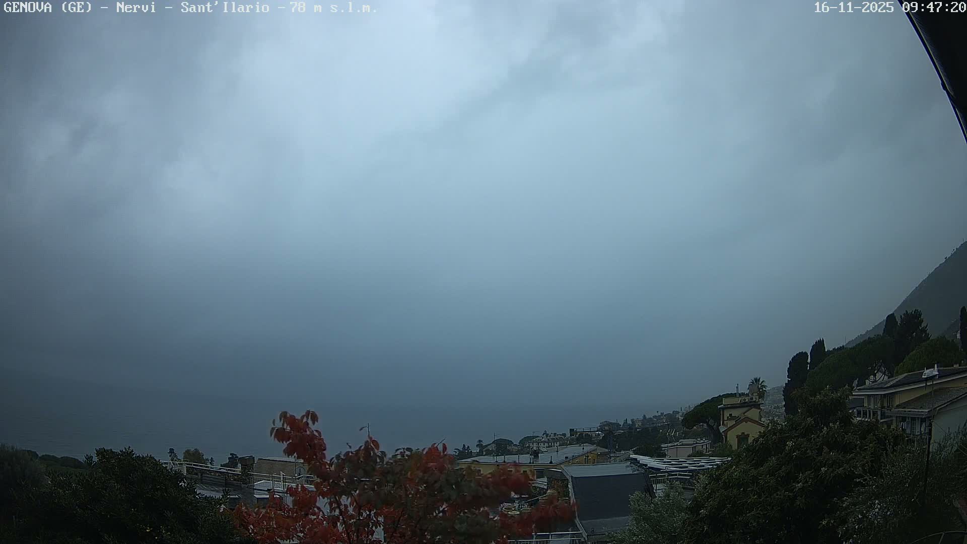 An overcast, grey sky hangs over a coastal town nestled between lush hills and a dark sea, with trees in the foreground displaying touches of autumn color.