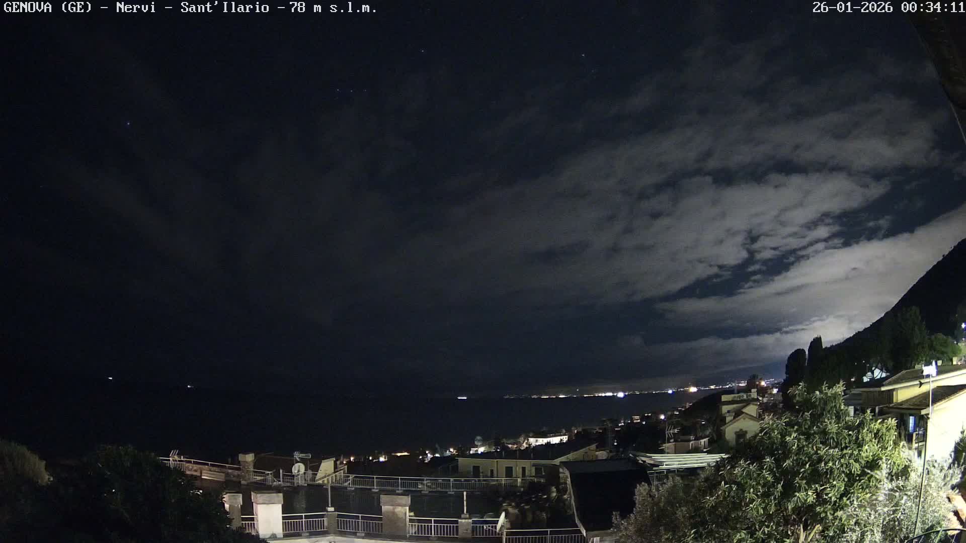 A nighttime panorama captures a coastal town with twinkling lights along the distant shore, a dark sea, and the silhouette of a mountain under a sky with scattered clouds.