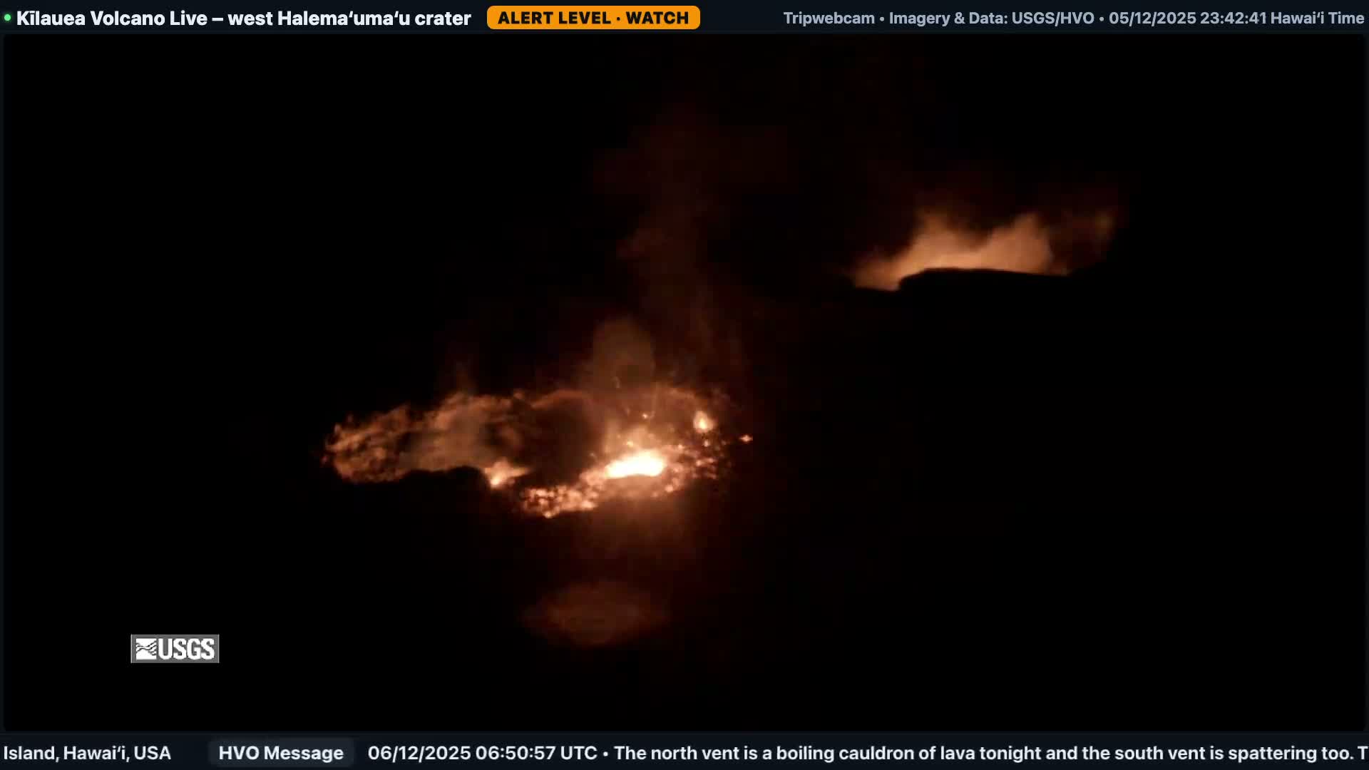 The image displays an active volcanic eruption at night, featuring multiple glowing vents of molten lava emitting bright orange and red light and plumes of smoke illuminated against the dark sky.