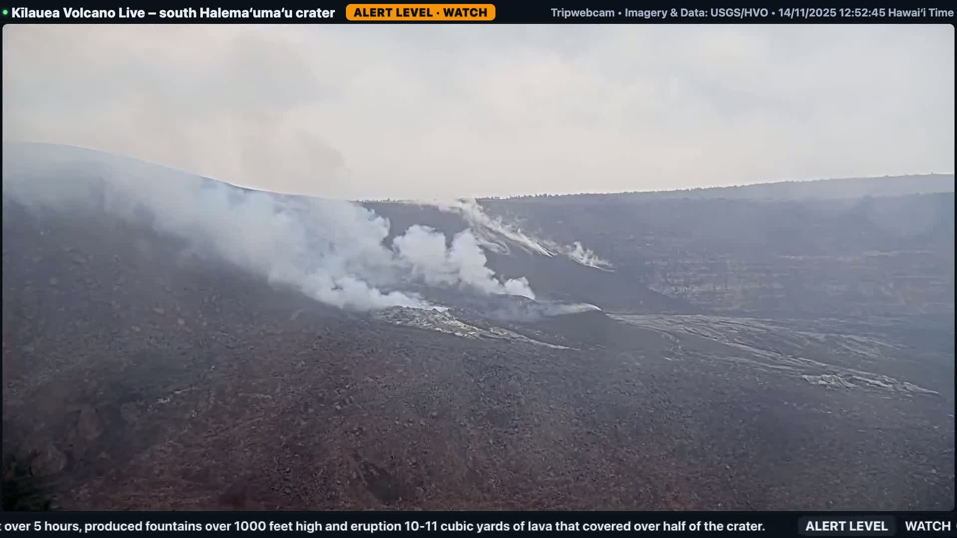 A vast, rugged volcanic crater emits multiple plumes of white and gray smoke and steam under an overcast sky.