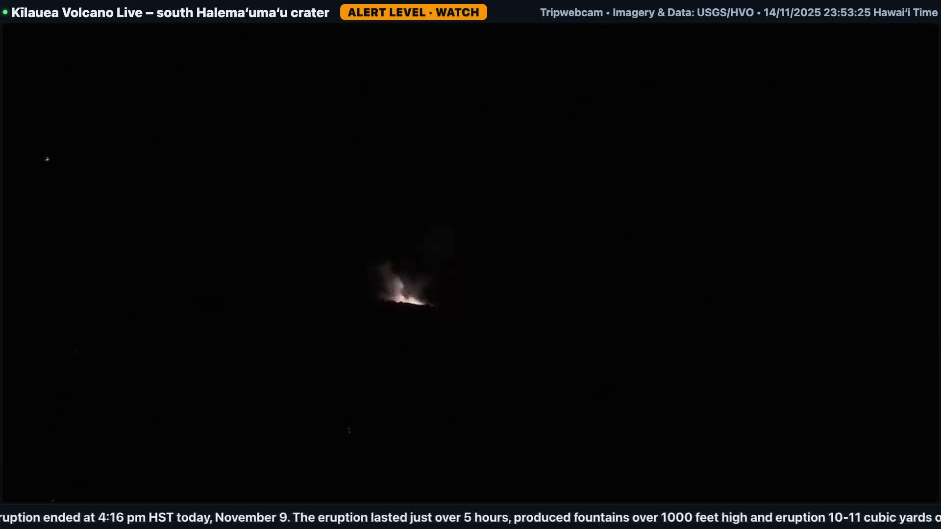A glowing volcanic vent with white smoke or steam rising from it is visible against a dark, clear night sky.
