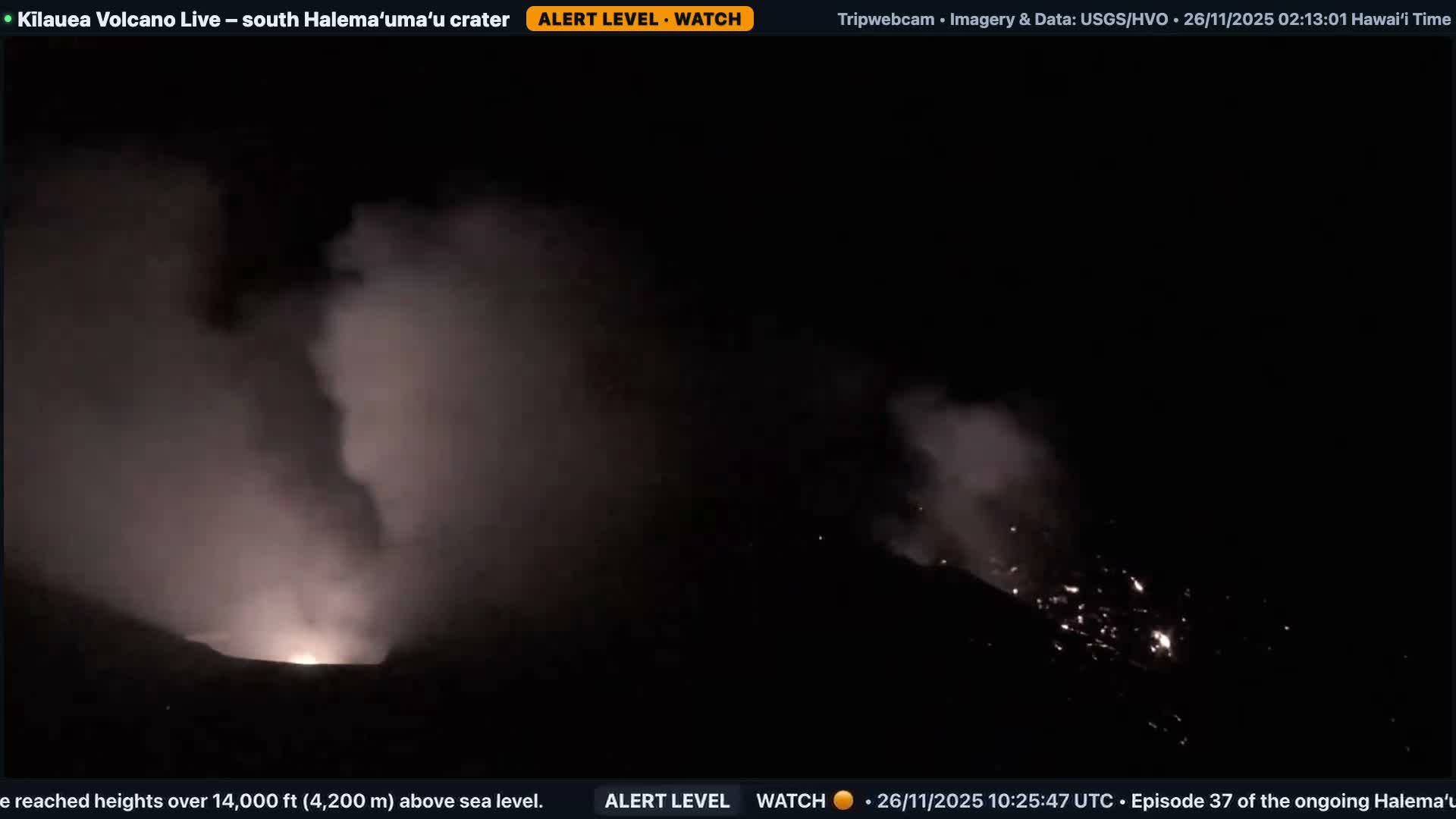 The image depicts a powerful nighttime volcanic eruption with a central vent spewing bright orange lava and a plume of reddish smoke into a dark, hazy sky, while glowing rivers of molten rock flow across the dark, uneven landscape.