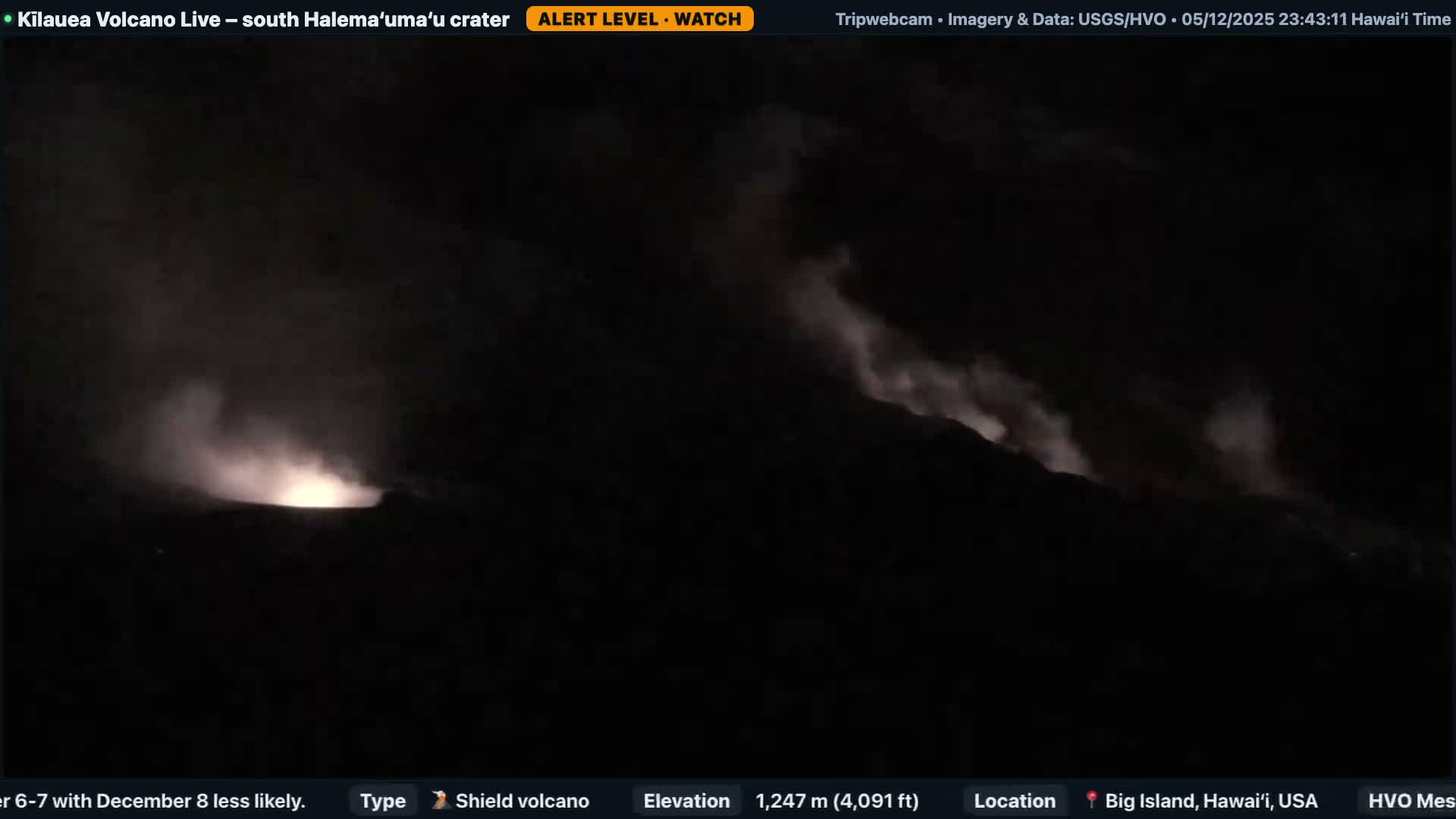 At night, a dark volcanic landscape is illuminated by brightly glowing areas on the left, with white and gray steam plumes rising and drifting across the terrain under clear sky conditions.
