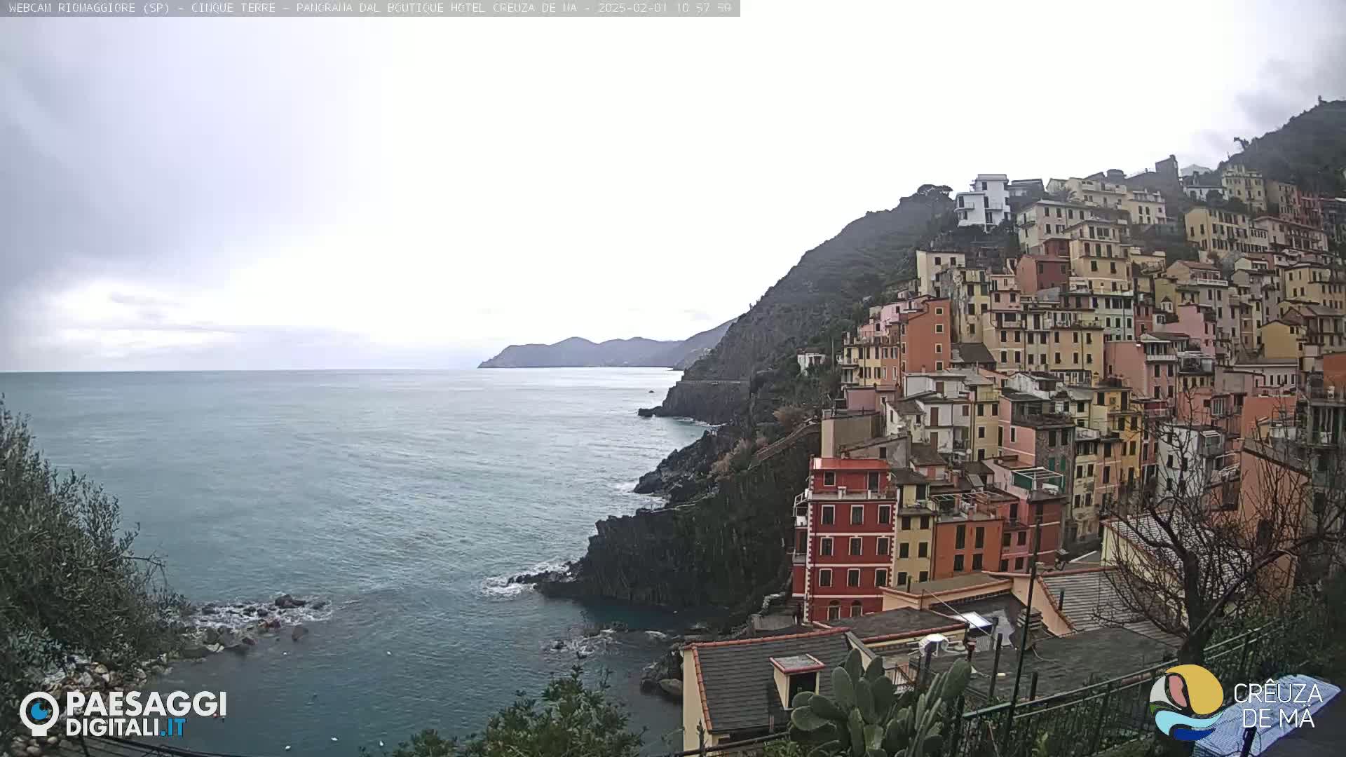 A coastal town of colorful buildings clings to a steep hillside overlooking a calm, gray sea under an overcast sky.