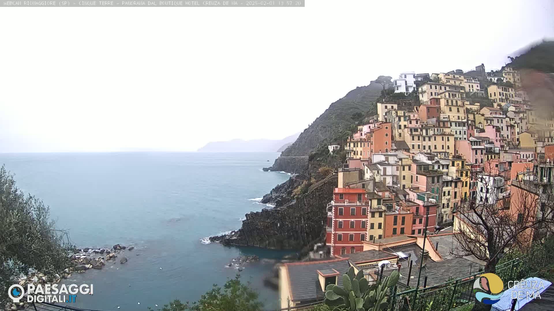 A coastal town of colorful buildings clings to a steep hillside overlooking a gray, overcast sea.