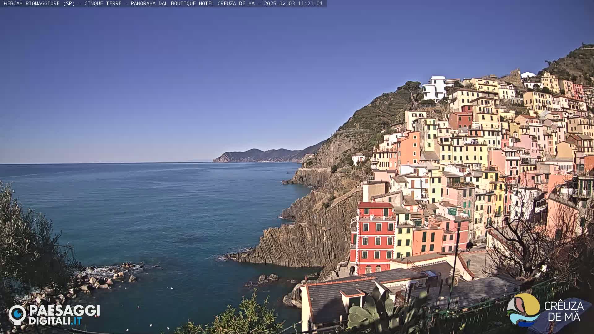 A colorful village clings to a steep cliffside overlooking a calm blue sea under a clear blue sky.