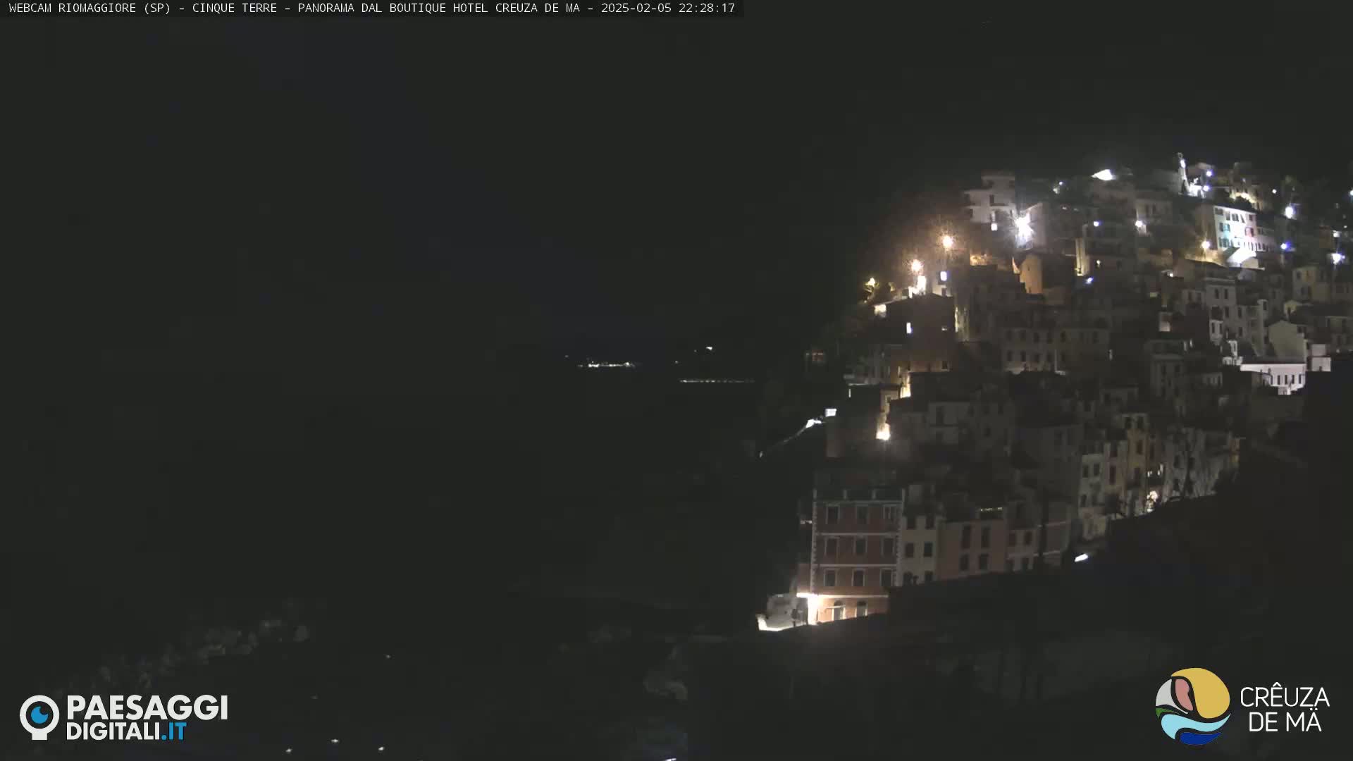 A nighttime view of a hillside town illuminated by scattered lights, overlooking a dark body of water under a clear, dark sky.