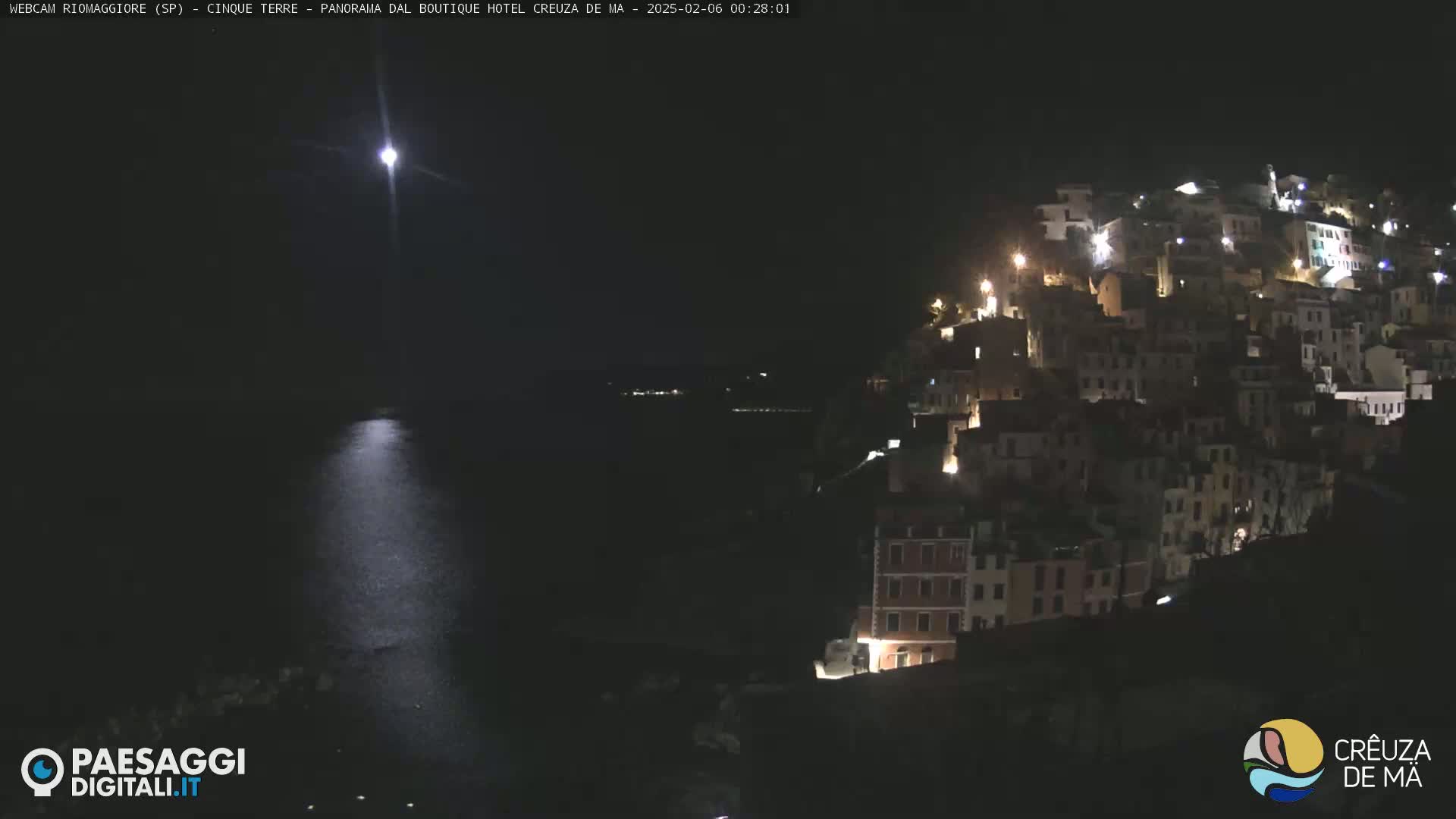 A brightly lit coastal town at night is seen across a dark body of water under a bright moon.