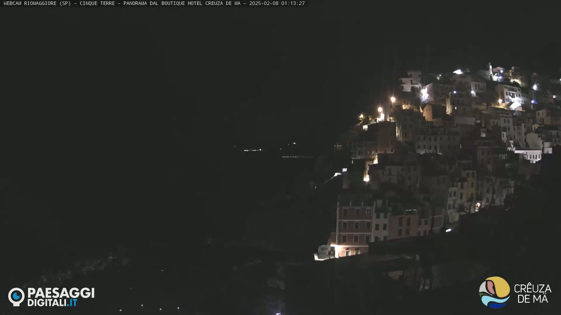A nighttime view of a hillside town illuminated by scattered lights, overlooking a dark body of water.